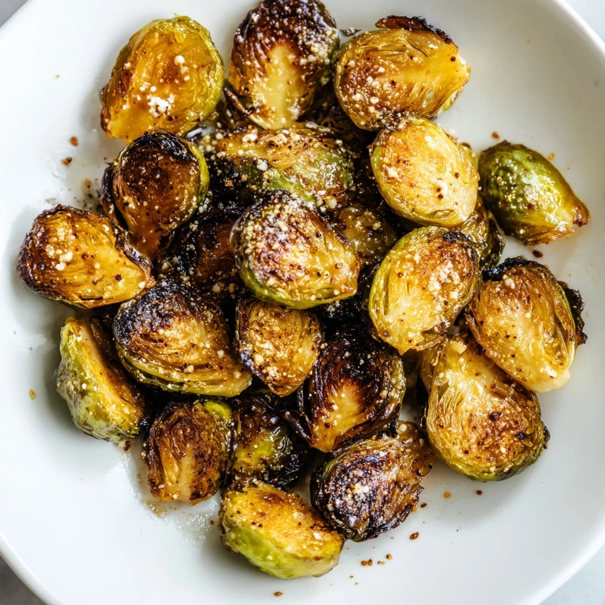 Golden, crispy Roasted Brussels Sprouts, perfectly caramelized with a hint of smoky paprika, ready to serve.