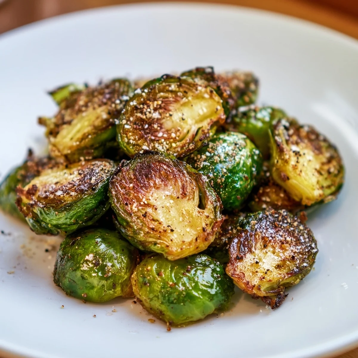 Hot, flavorful Roasted Brussels Sprouts, showcasing their crispy edges, a simple yet savory vegetarian meal.