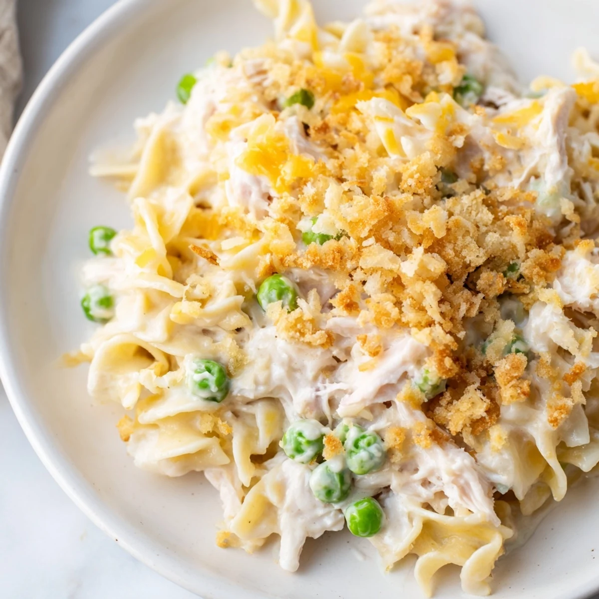 Golden-brown tuna casserole, bubbling hot from the oven with a crunchy breadcrumb topping.