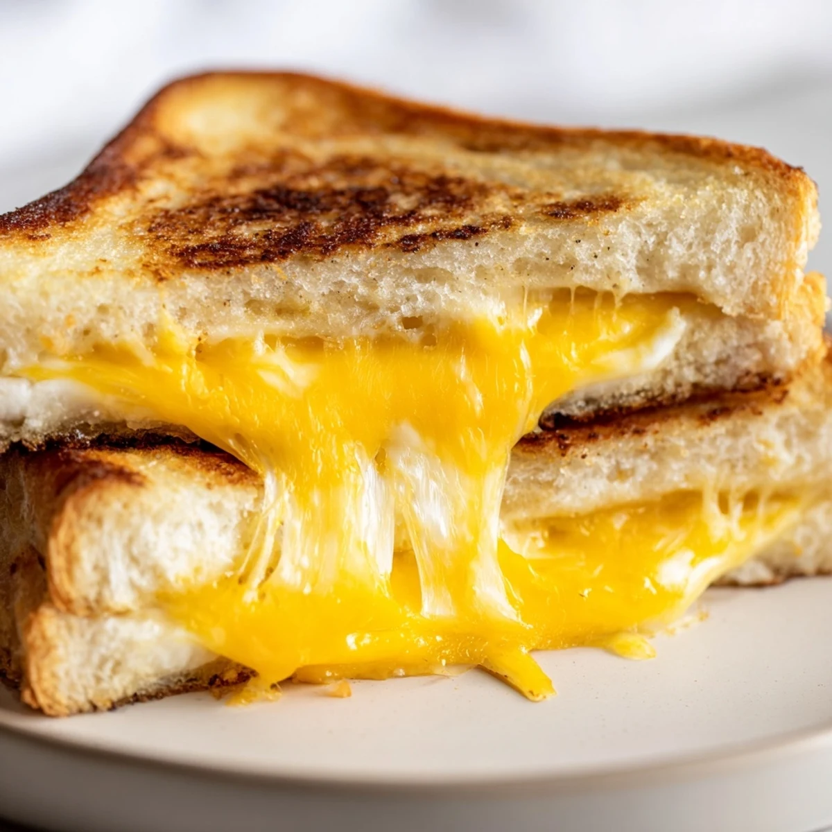 Golden, gooey cheddar cheese melting within a grilled cheese sandwich, a perfect comfort food.