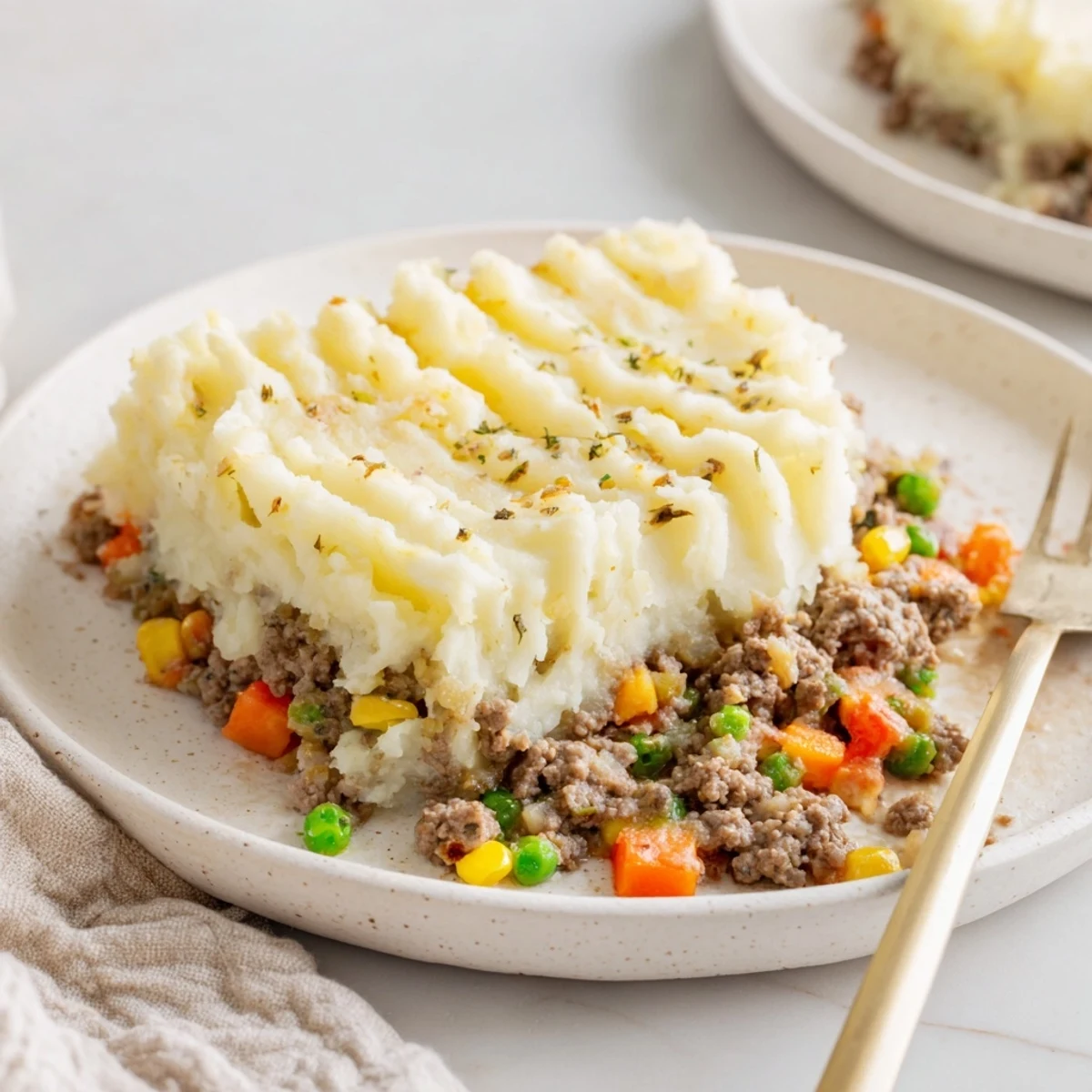 Golden-brown Shepherd's Pie, a hearty meat and vegetable casserole, bubbling hot from the oven.