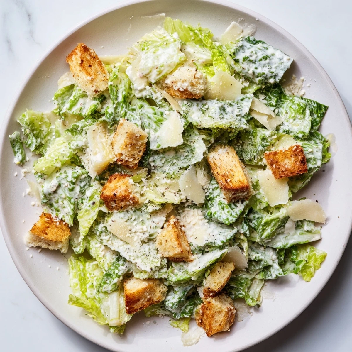 Fresh Caesar salad with crisp romaine, creamy dressing, Parmesan, and crunchy croutons looks delicious.