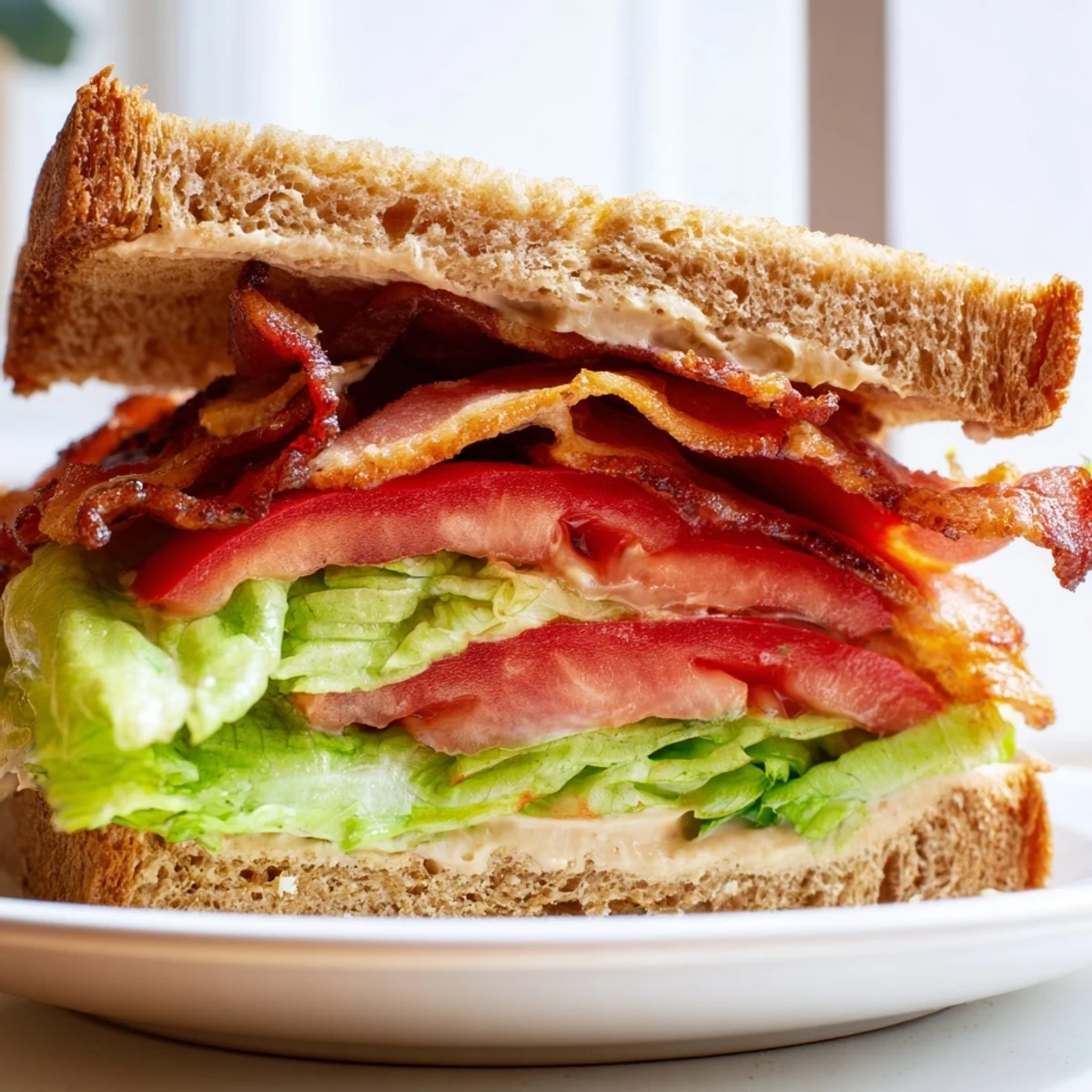 Golden-brown BLT sandwich overflowing with layers of crispy bacon and juicy, red tomatoes.