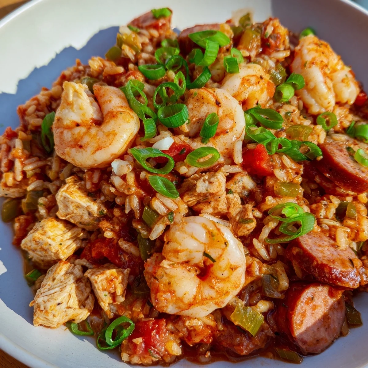 Steaming jambalaya, a Creole rice dish with shrimp, chicken, and sausage, awaits serving on the table.