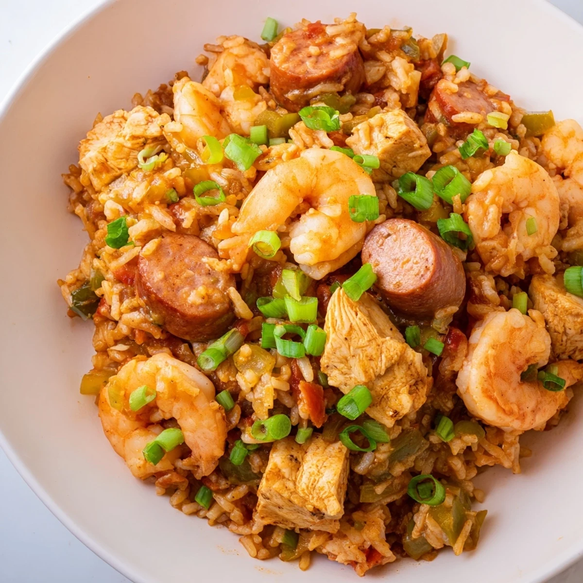 A generous serving of jambalaya showcases juicy chicken, smoky sausage, and vibrant bell peppers.