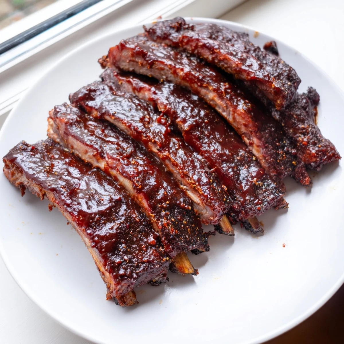 A close-up of glistening BBQ ribs, slow-cooked to juicy perfection with smoky glaze.