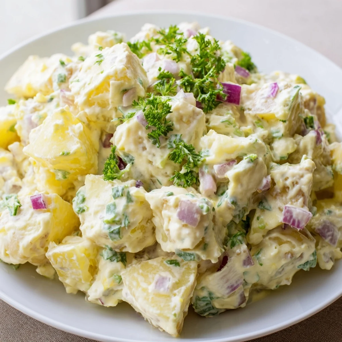 A vibrant bowl of creamy, chilled potato salad, perfect for a summer BBQ.