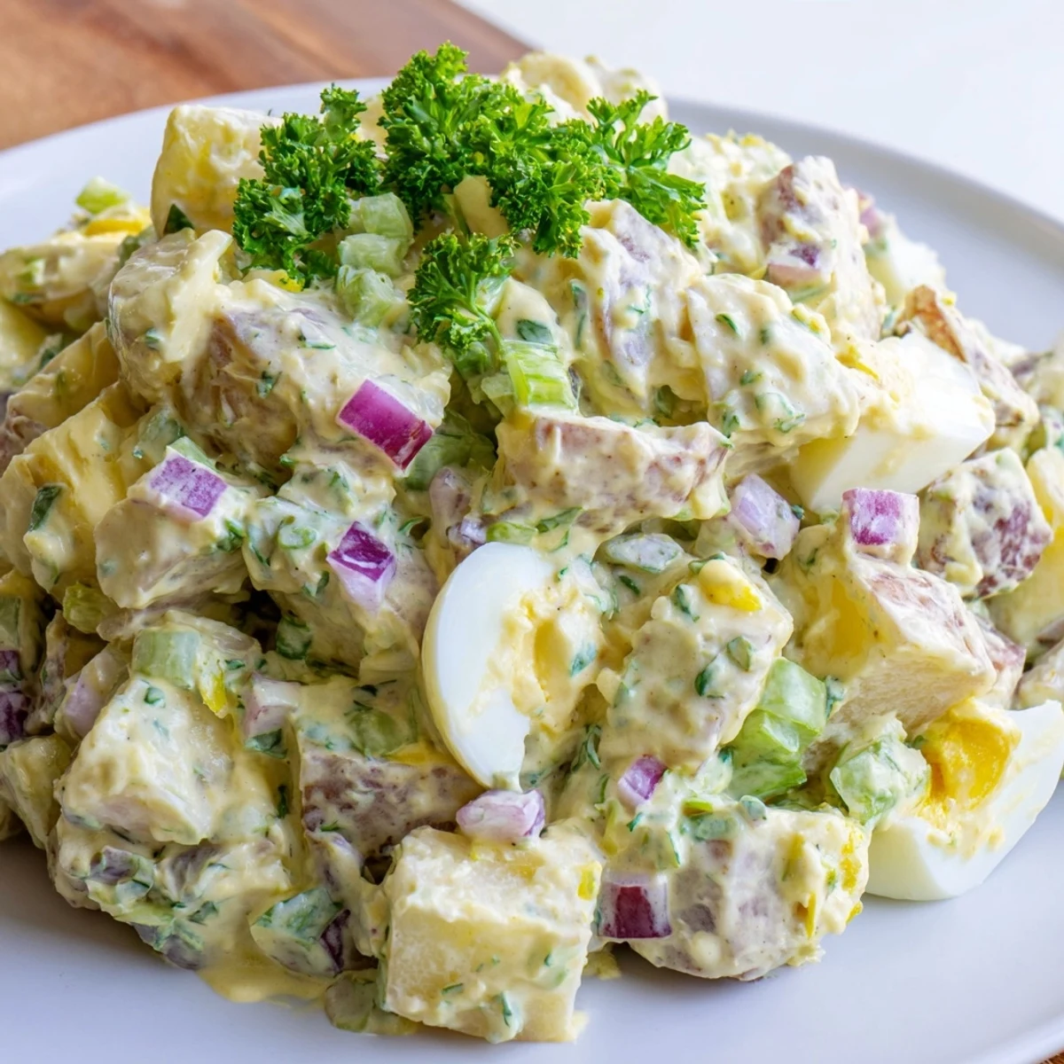 Freshly made potato salad with chunks of potato, celery, and red onion, ready to eat.