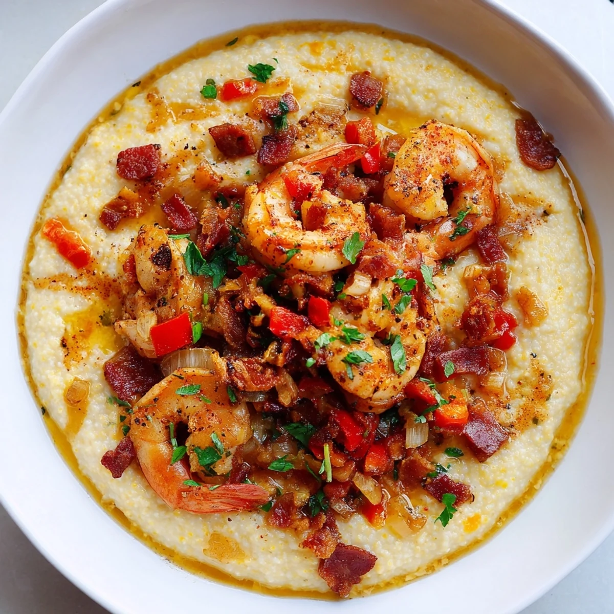 Picture a bowl of warm Shrimp and Grits, the shrimp perfectly cooked, over cheesy grits.