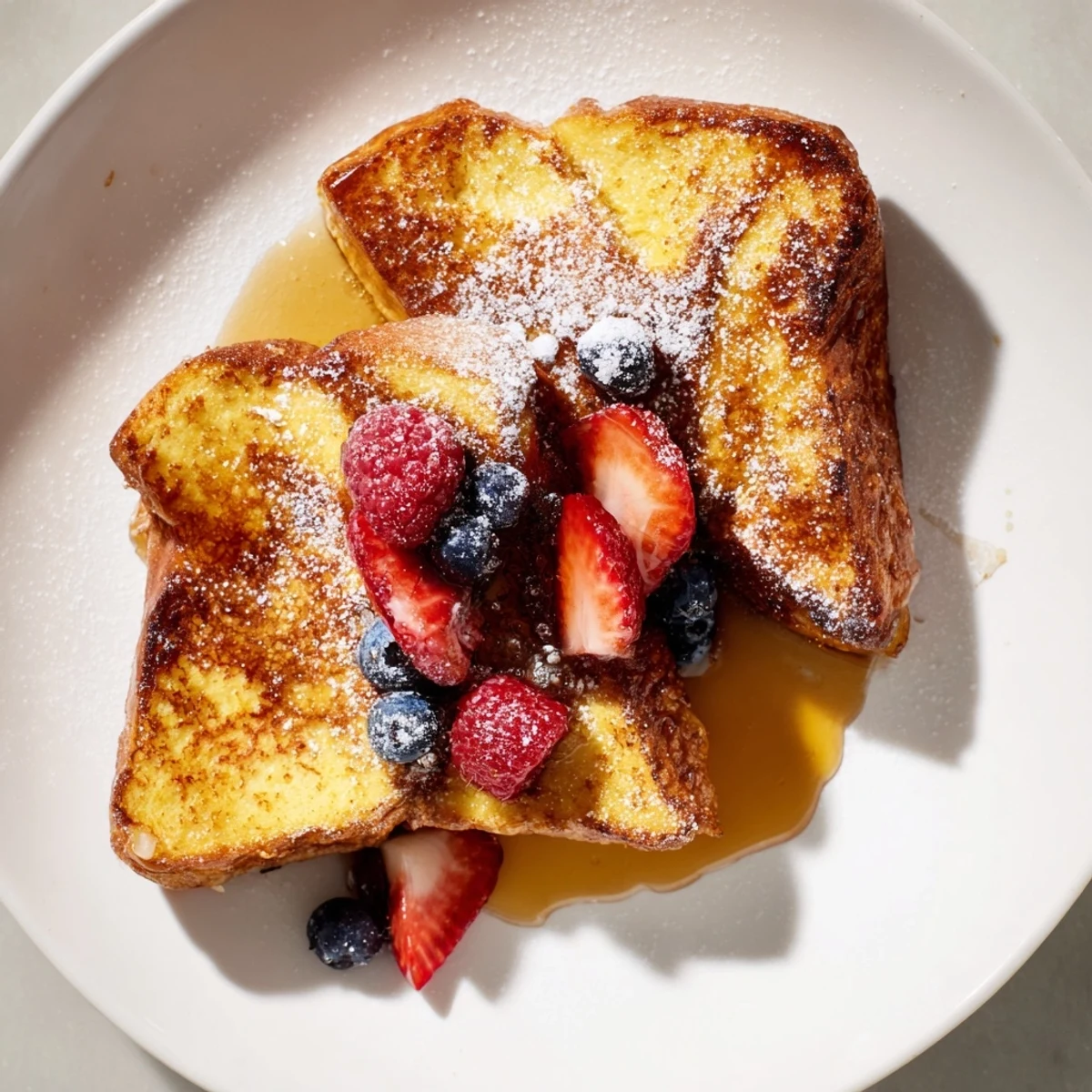 Golden-brown French toast, perfectly cooked and waiting for dripping maple syrup, a delicious breakfast.