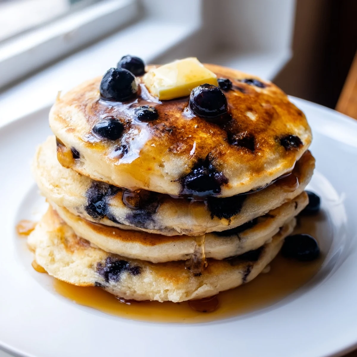 Fresh blueberries pop in these homemade pancakes, ready to be enjoyed with melted butter.