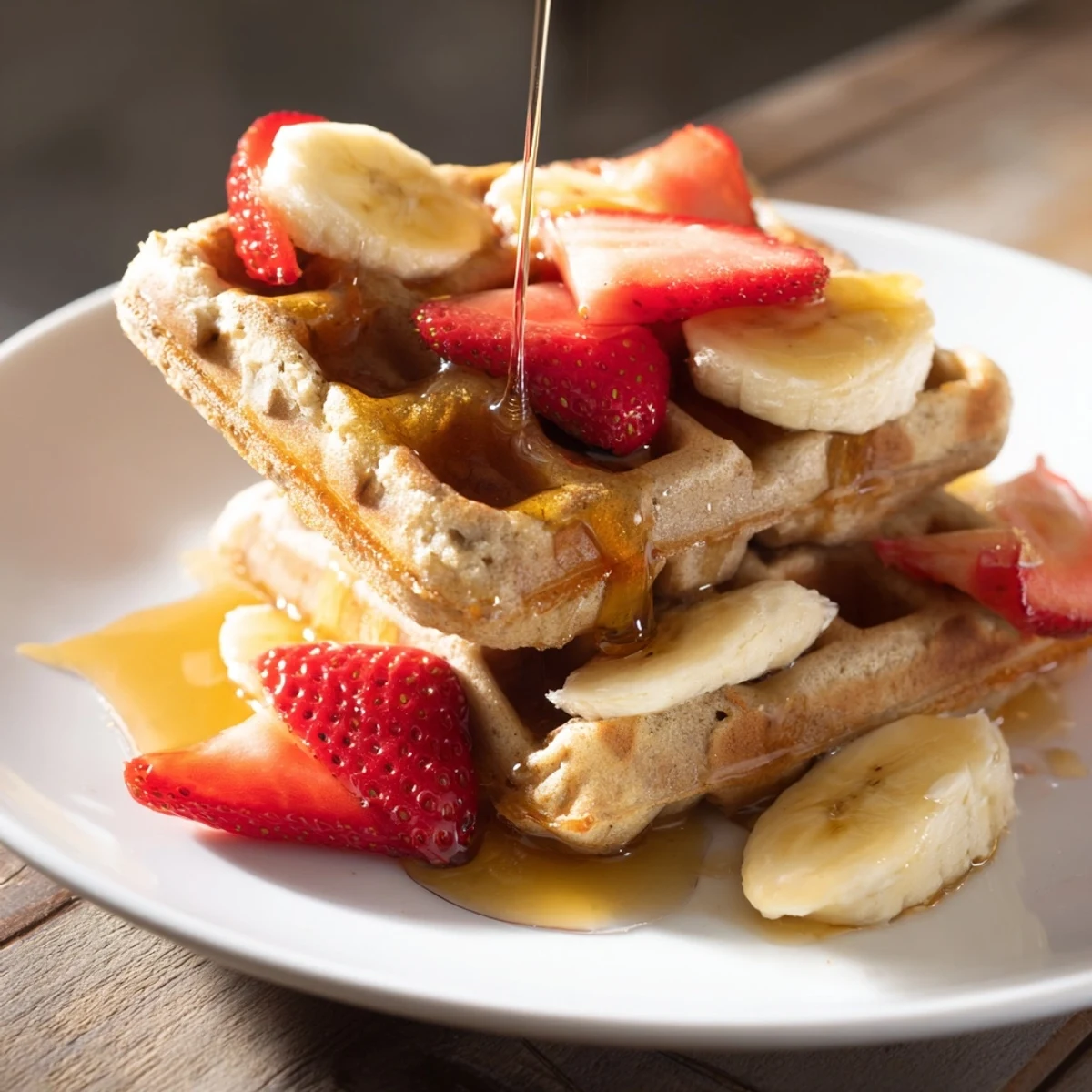 A stack of freshly made waffles, smelling of vanilla and ready for sweet toppings.