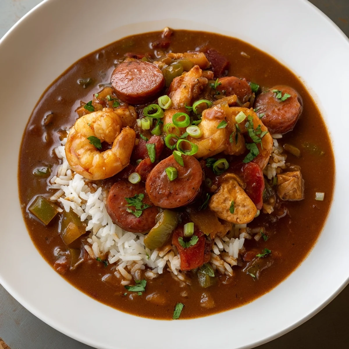 A close-up shot of rich, flavorful gumbo, showcasing tender meat and vegetables, ready to serve.