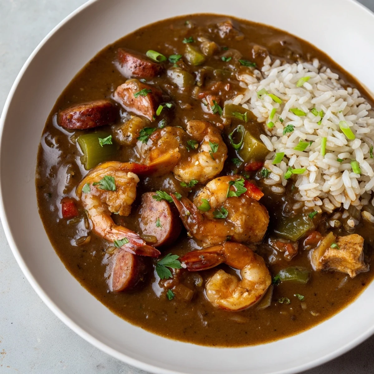 Hearty gumbo brimming with andouille sausage and chicken in a dark roux, a Southern classic.