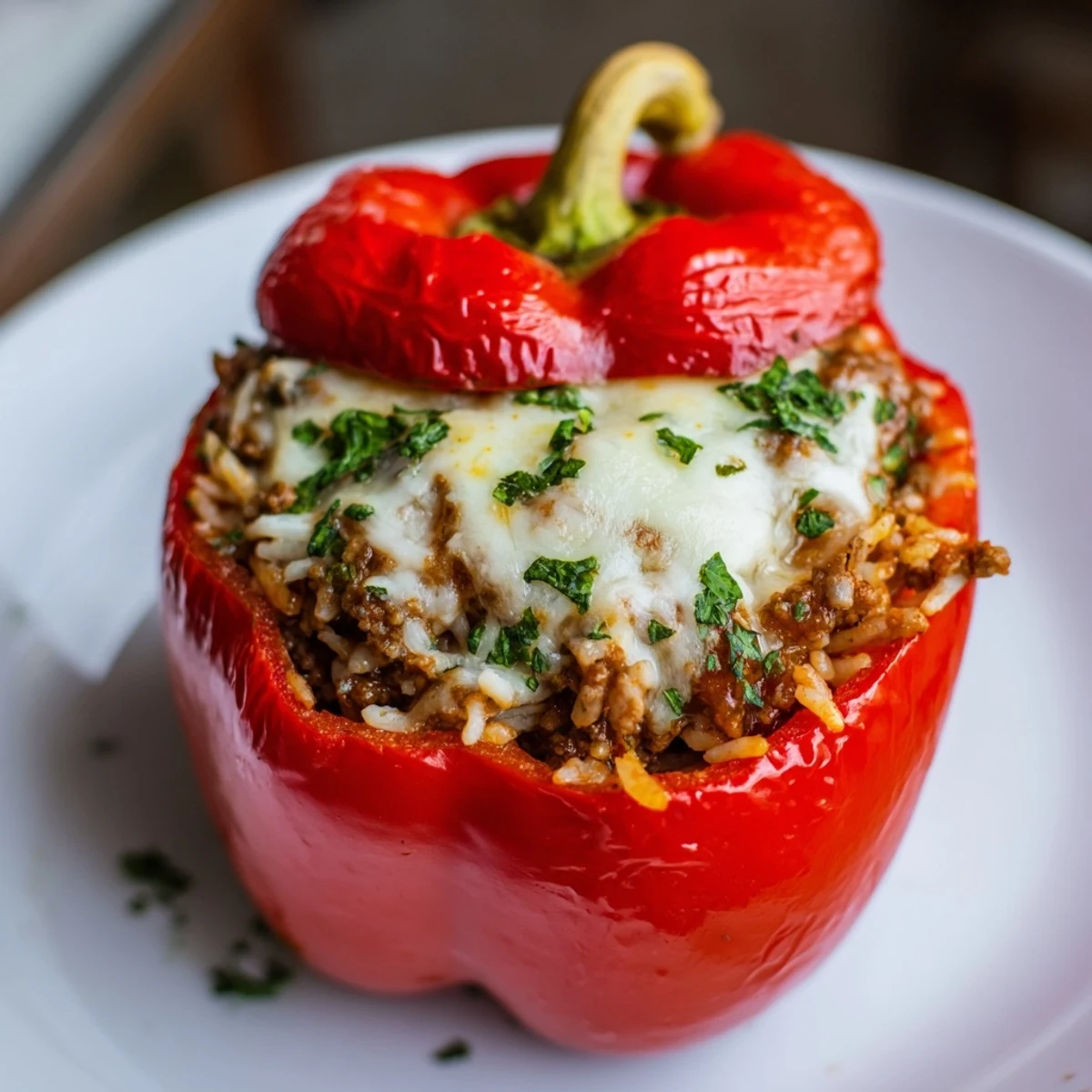 Golden-brown baked stuffed bell peppers, overflowing with savory meat and rice, topped with melted cheese.