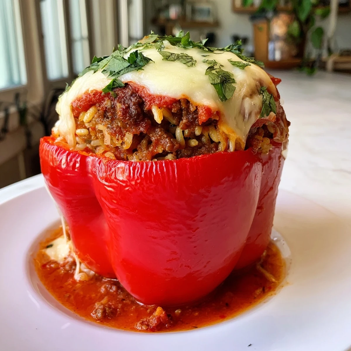 A steaming plate of colorful stuffed bell peppers, a Mediterranean delight bubbling in rich tomato sauce.