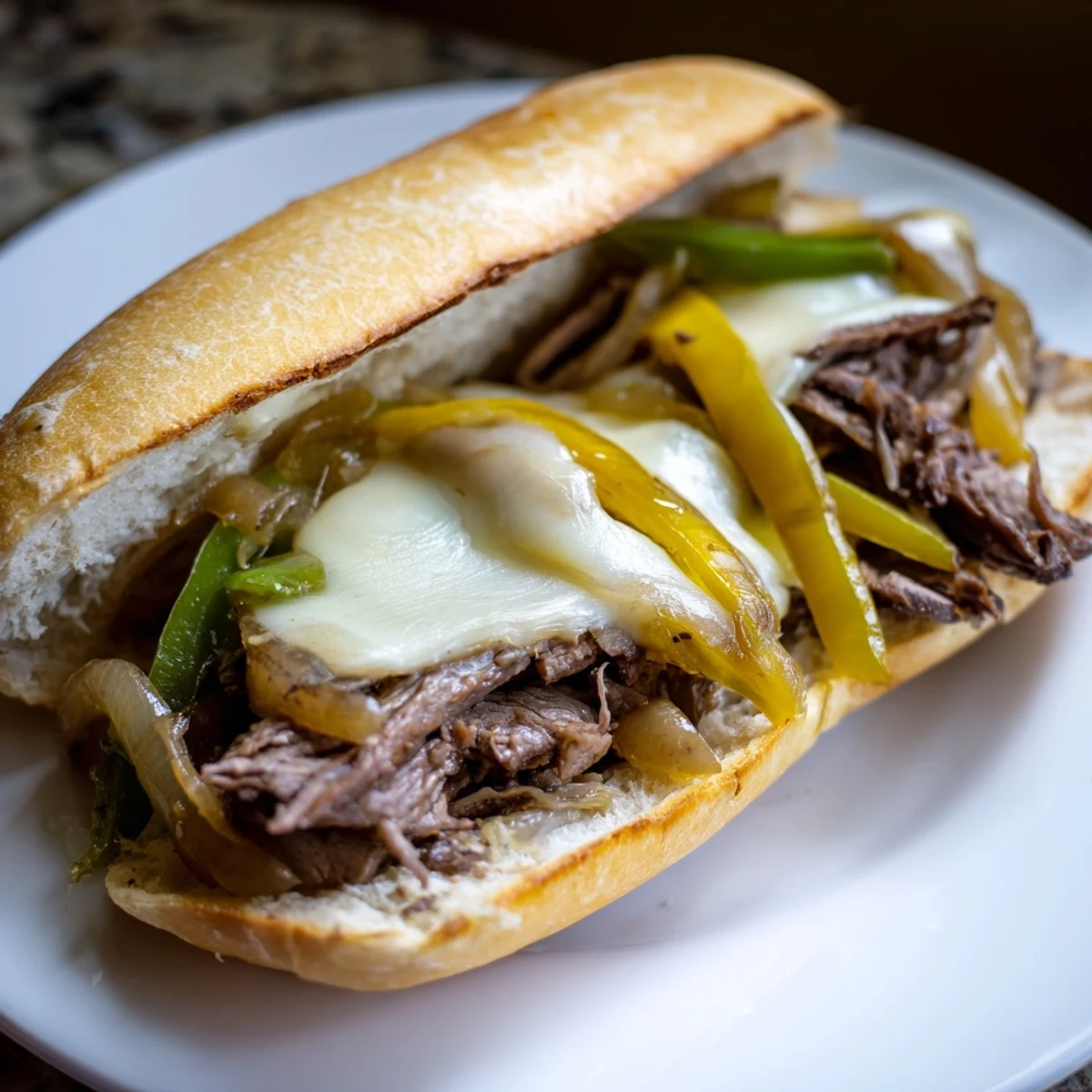Delicious Philly cheesesteak, showing layers of tender beef, melted cheese, and onions in a hoagie.