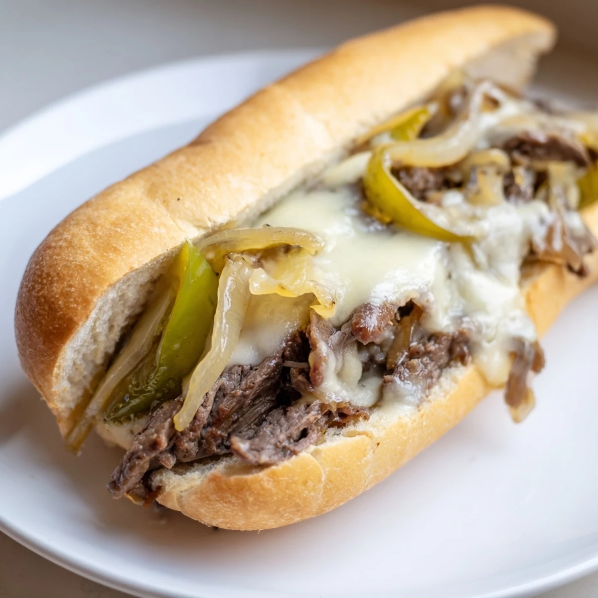 Close-up of a sizzling Philly cheesesteak with gooey cheese, ready to be enjoyed for dinner.