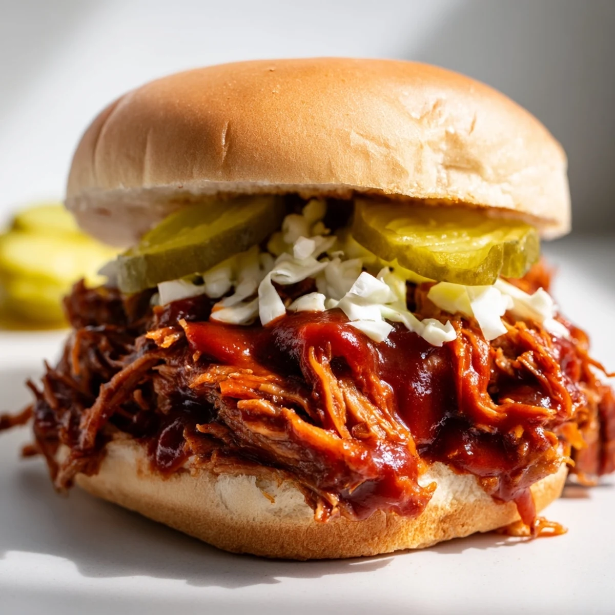 Golden-brown pulled pork on a toasted bun, seasoned to perfection and ready to satisfy your cravings.