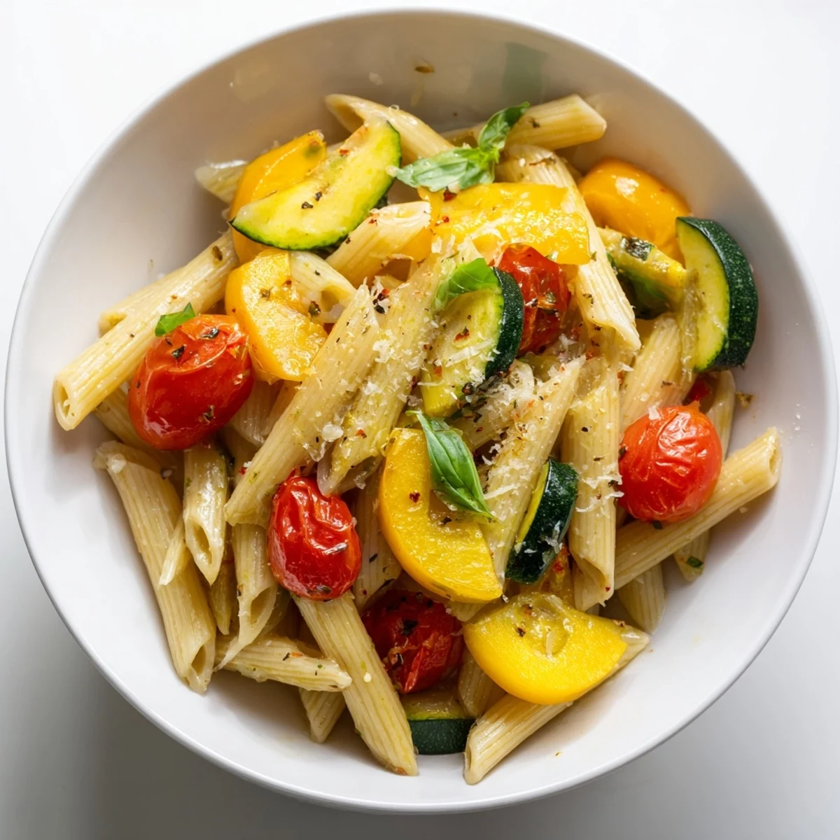 Bright, colorful Garden Veggie Pasta with sautéed zucchini, yellow squash, and blistered cherry tomatoes in a garlic-olive oil sauce, garnished with fresh basil.