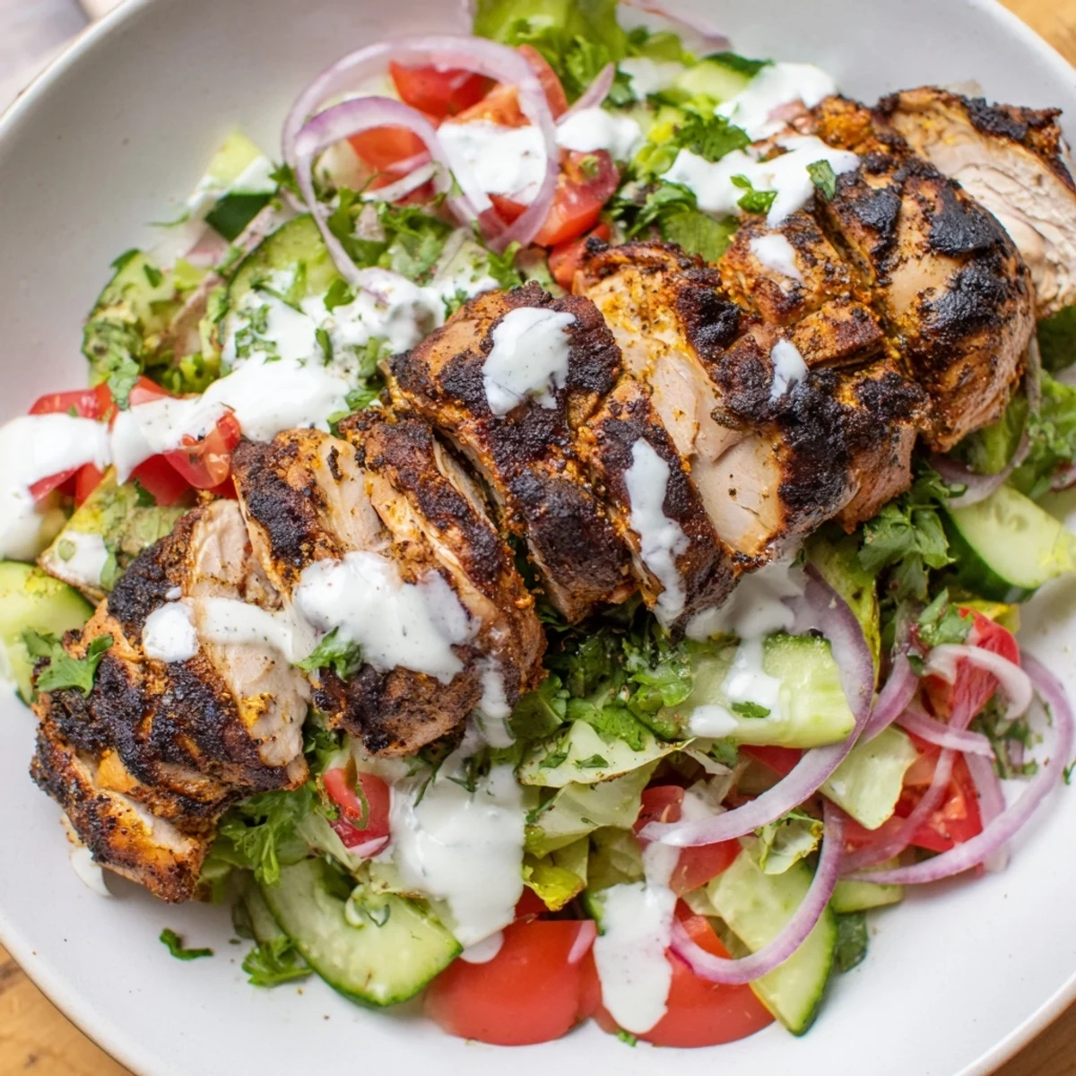 Grilled, spiced chicken slices rest atop a colorful salad of cucumber, tomatoes, and greens, drizzled with creamy yogurt dressing.