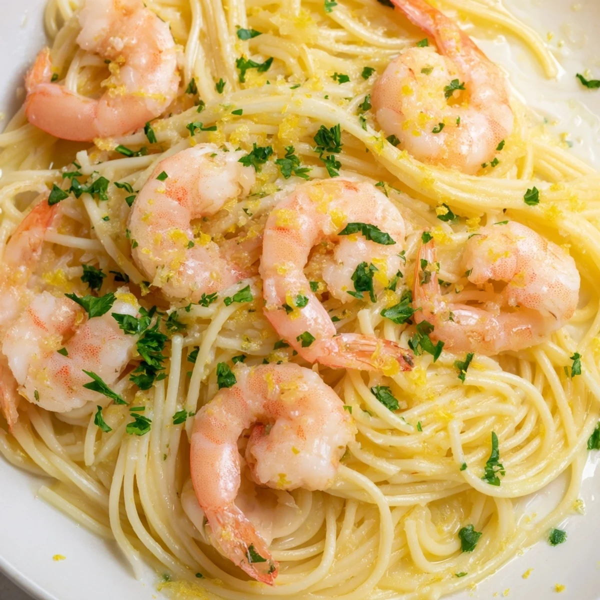Lemon Garlic Shrimp Pasta served in a white bowl, fork twirling al dente spaghetti coated in bright, garlicky butter sauce.