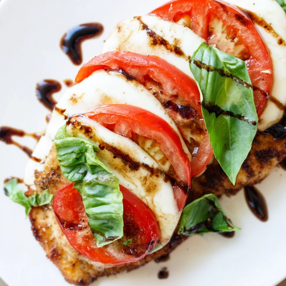 Golden-brown Caprese Chicken Skillet with melted mozzarella, ripe tomato slices, and fresh basil leaves, drizzled with balsamic glaze.