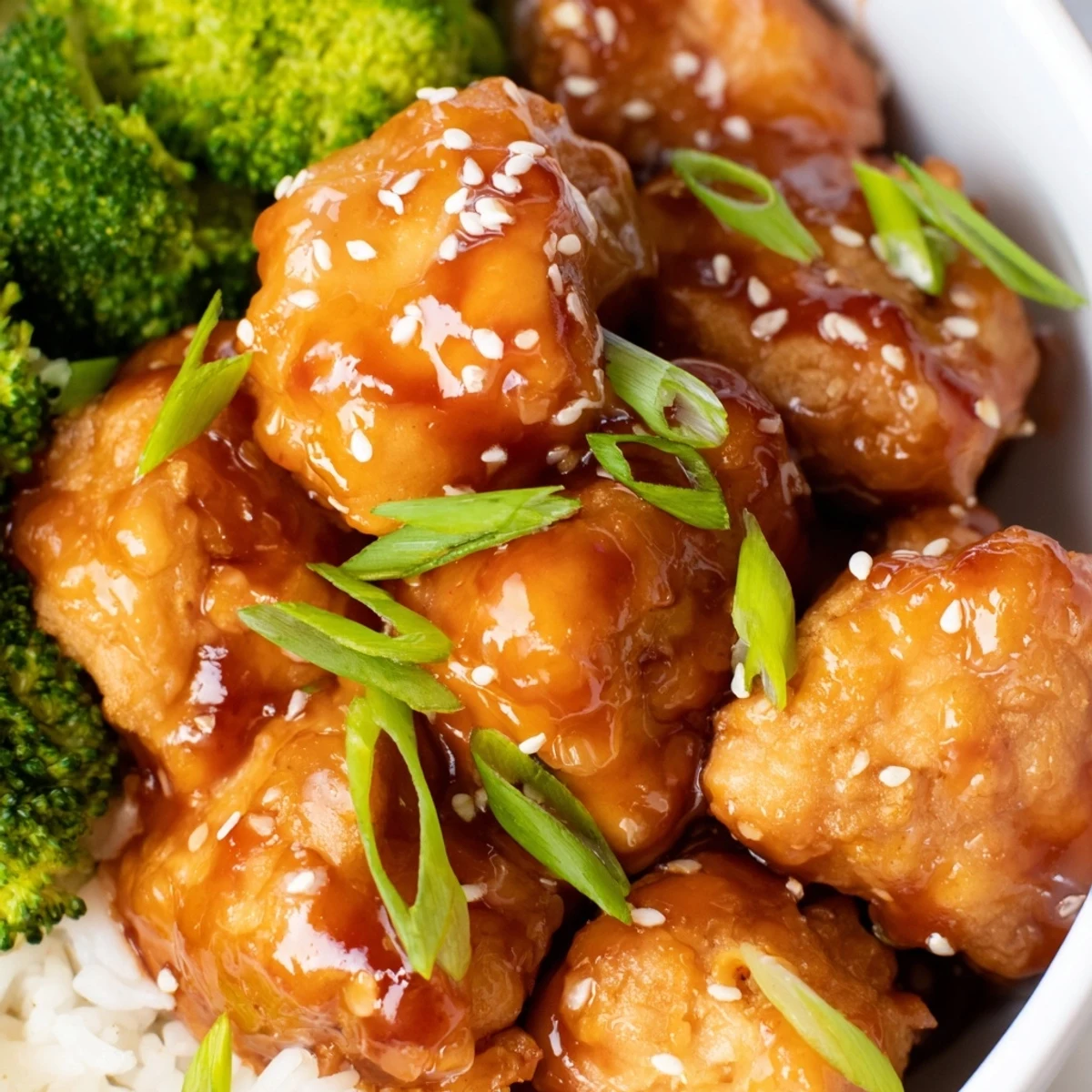 Golden-brown sweet chili chicken pieces glistening over fluffy jasmine rice and vibrant steamed broccoli florets, ready to serve.  