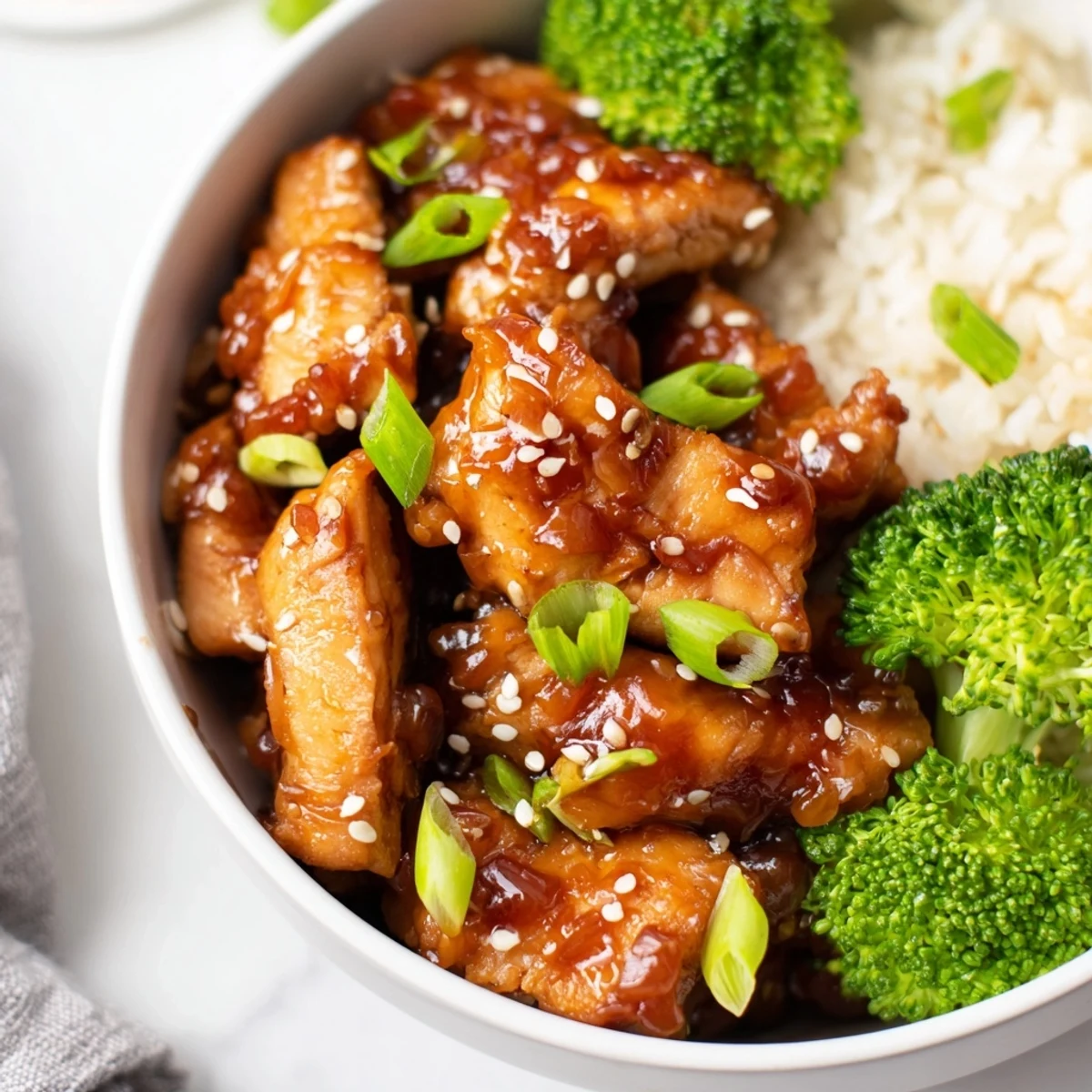 A close-up of tender sweet chili chicken glazed in a tangy sauce, nestled beside crisp broccoli and white rice in a ceramic bowl.  