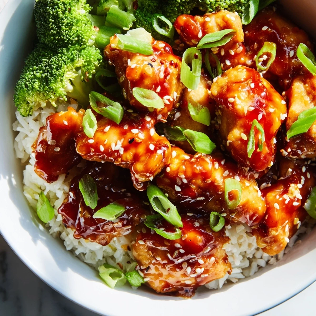Vibrant food photography of a Sweet Chili Chicken Bowl, featuring glossy chicken, fluffy rice, and fresh green onions garnish.