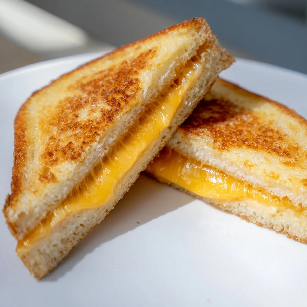 A plate with a warm Three-Cheese Grilled Cheese cut in half, steam rising from the melty interior.