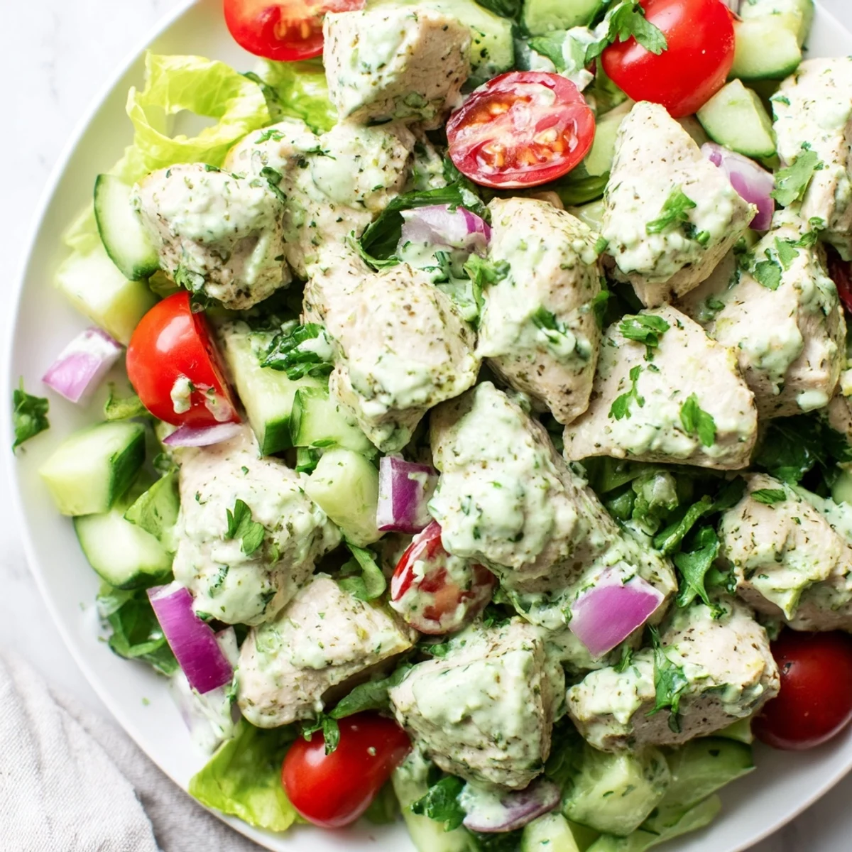 This Avocado Ranch Chicken Salad features juicy grilled chicken, diced celery, and red onion tossed with a cool, herby dressing for a fresh lunch.  