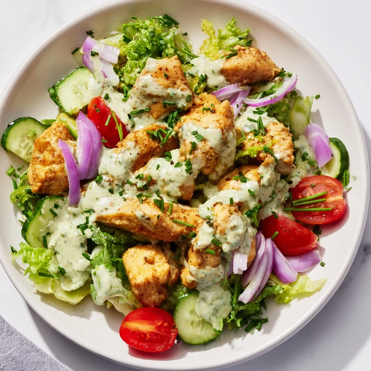 A close-up of Avocado Ranch Chicken Salad highlights chunky avocado dressing, halved tomatoes, and crunchy veggies on a bed of chopped romaine.