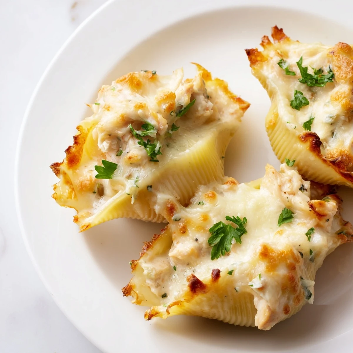 Golden-baked Chicken Alfredo Stuffed Shells with melted mozzarella and fresh parsley garnish.