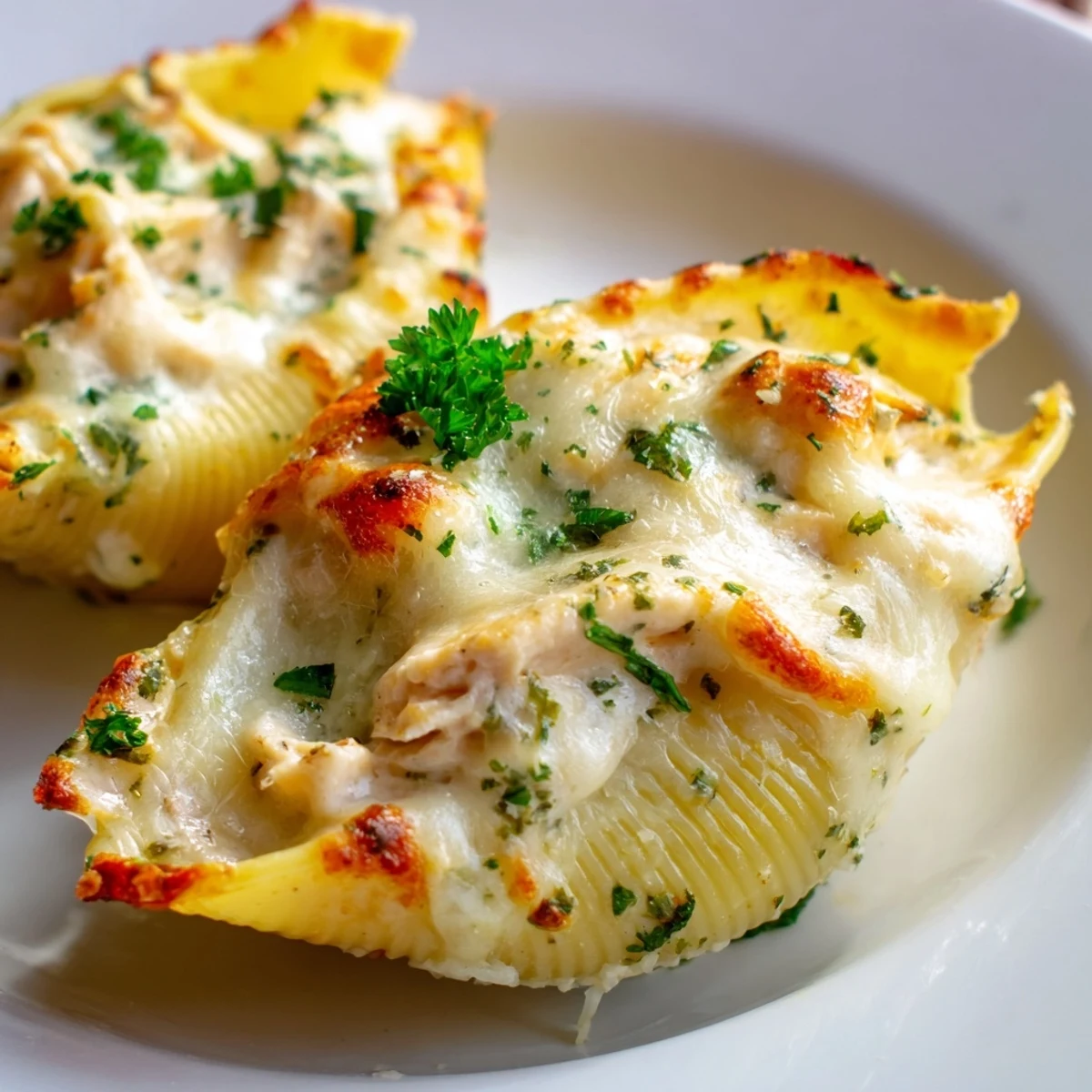 Creamy Chicken Alfredo Stuffed Shells on a white plate, served alongside a green salad.