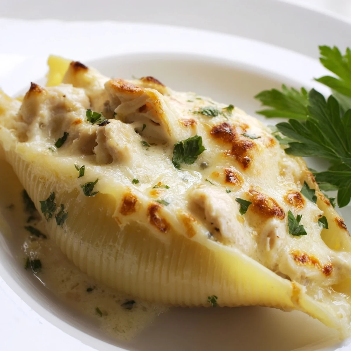 Bubbling Chicken Alfredo Stuffed Shells fresh from the oven with rich, cheesy sauce.