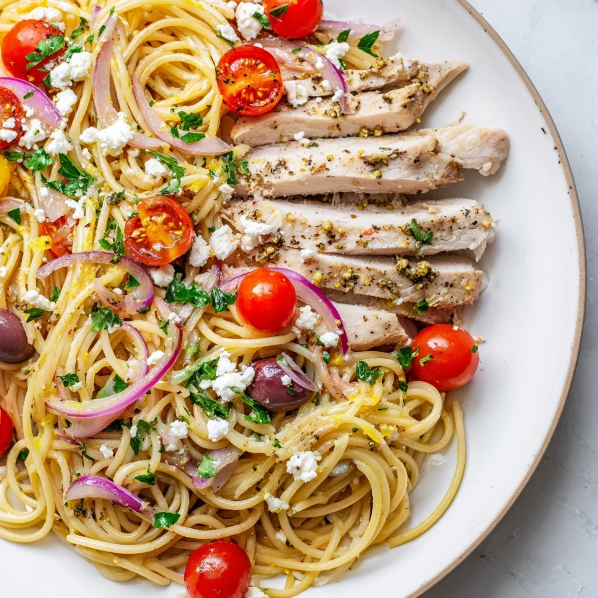 Tossing spaghetti with olives, tomatoes, and herbs in a skillet for this easy Greek Chicken Spaghetti recipe.