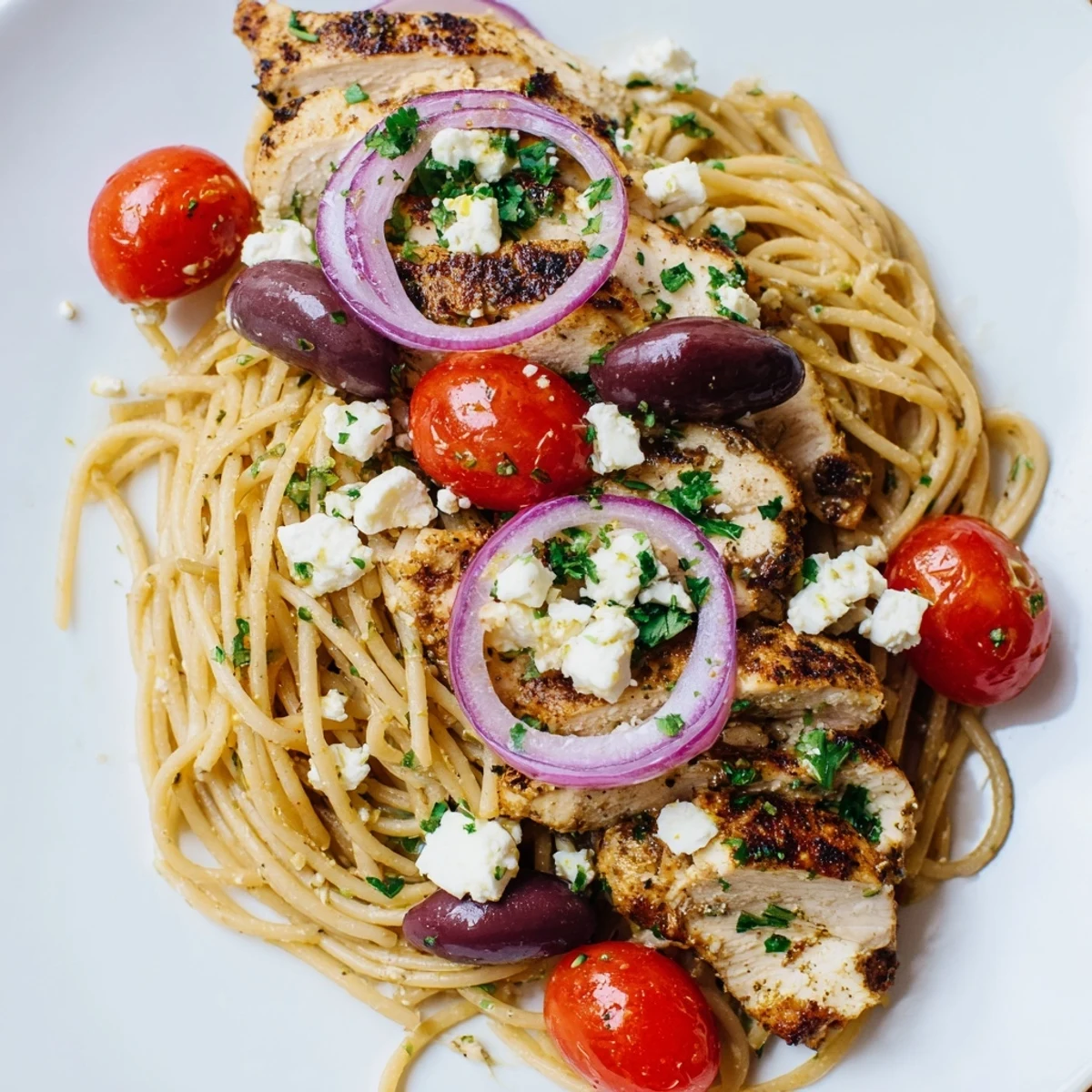 Close-up of Greek Chicken Spaghetti topped with fresh parsley and feta, ready to serve for dinner.