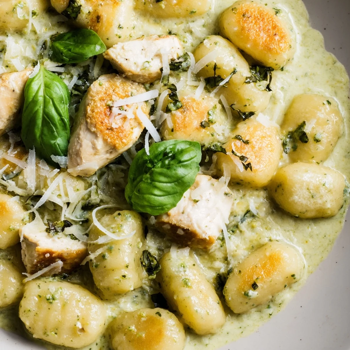 Golden pan-crisped gnocchi and tender chicken bites are coated in a vibrant green pesto cream sauce, garnished with fresh basil.