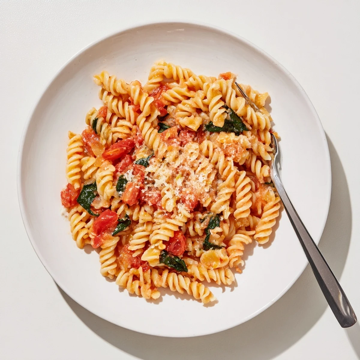 Vibrant tomato spinach one-pot rotini simmering in a rustic pot, garnished with fresh basil and a generous sprinkle of Parmesan, served in a cozy ceramic bowl.  