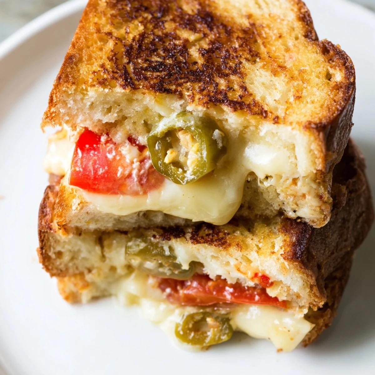Golden-brown grilled cheese sandwich loaded with melted pepper jack cheese and ripe tomato slices on jalapeño bread, served warm.  