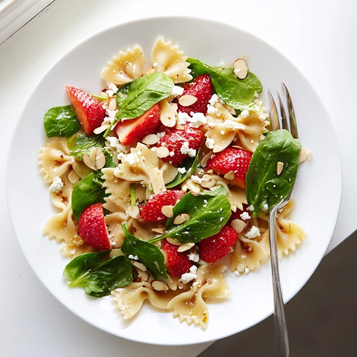 Freshly cooked bow-tie pasta tossed with baby spinach, sliced strawberries, and toasted almonds in a bright spring salad.