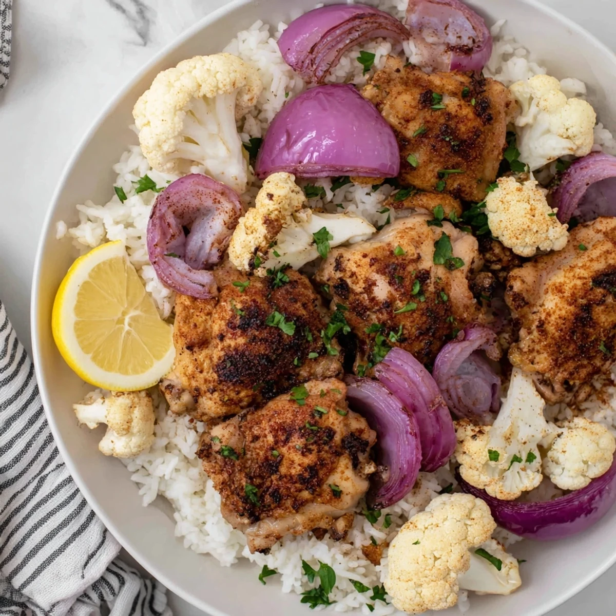 Colorful roasted cauliflower chicken sheet pan featuring red onion, smoked paprika-seasoned chicken, and rice, ready for a family dinner.