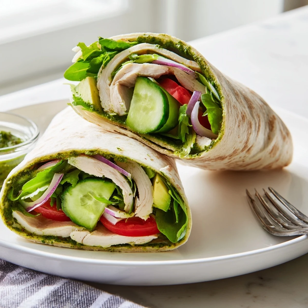 Freshly grilled chimichurri chicken slices rest on a soft flour tortilla filled with crisp greens, cucumber, and tomato.  