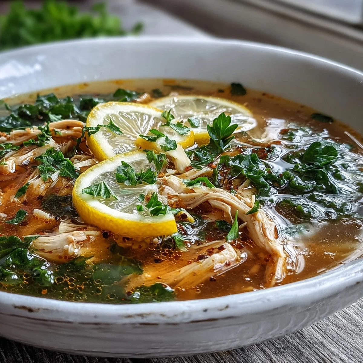 Bright yellow turmeric chicken soup with tender shredded chicken, fresh baby kale, and lemon wedges, garnished with parsley.