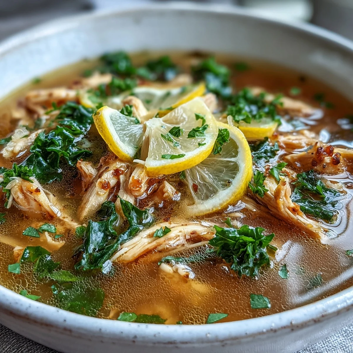 Golden, aromatic high protein lemon and turmeric chicken soup in a rustic bowl, topped with fresh herbs and lemon slices.