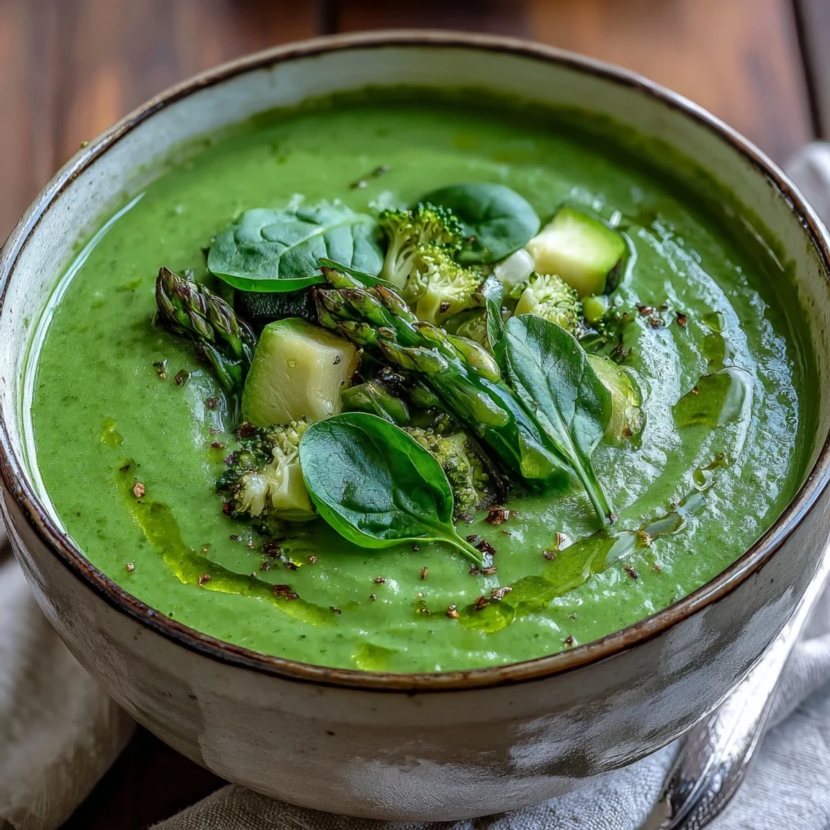 Creamy green Big Green Immunity-Boosting Vegetable Soup in a white bowl, topped with fresh spinach and served with crusty bread on a wooden table.