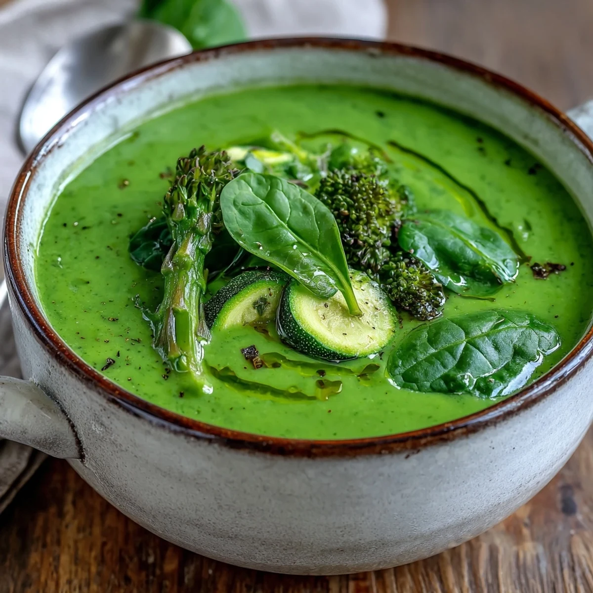 Bright green broth filled with tender broccoli, asparagus, and spinach in a pot, ready to be ladled into bowls for a nourishing meal.