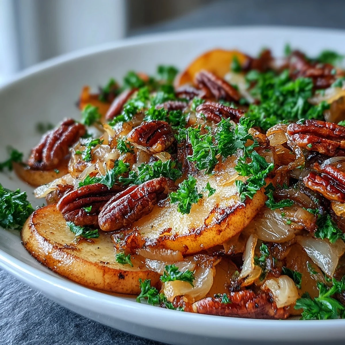 A warm skillet salad with caramelized apples, tangy sauerkraut, and fresh parsley garnish, served as a savory side dish.