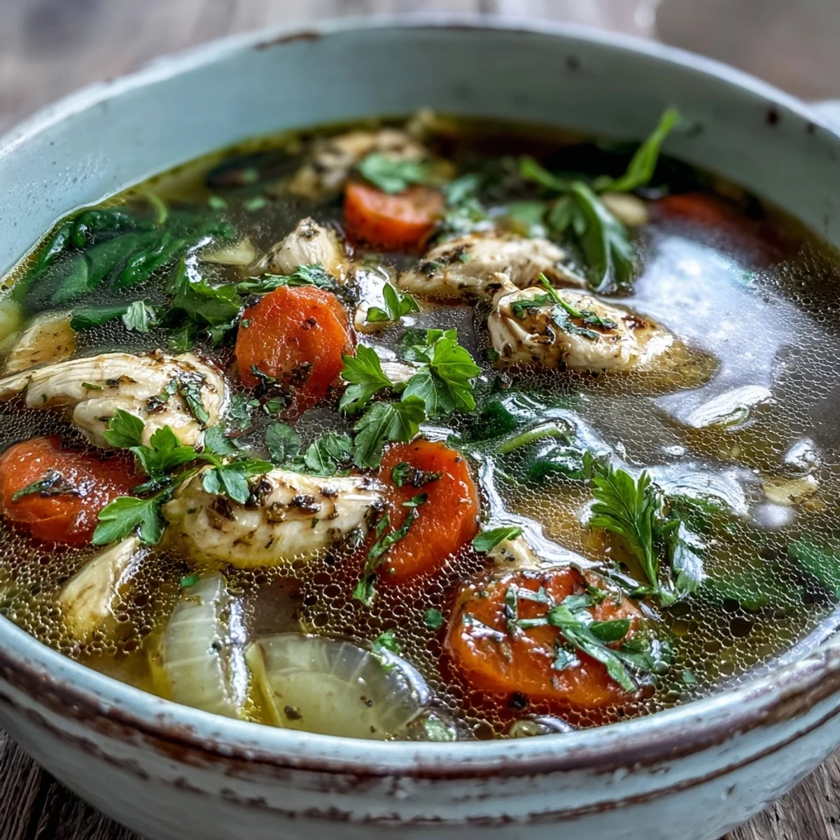 A warm bowl of Turmeric Chicken Soup garnished with fresh parsley, featuring tender chicken, carrots, and vibrant golden broth.